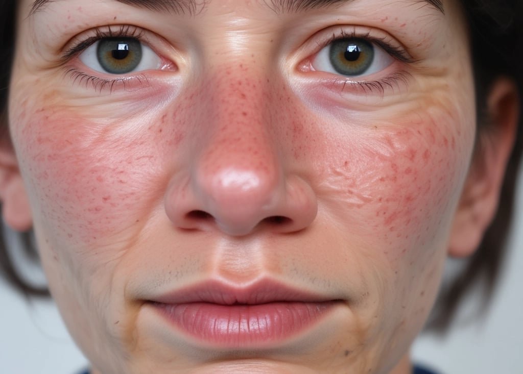 Close-up of a person's face with redness spread across both cheeks and the bridge of the nose, in the butterfly-shaped rash pattern seen in lupus