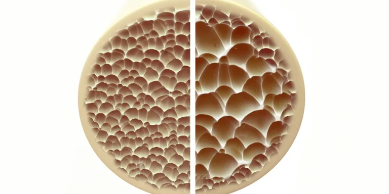 Illustration comparing a cross-section of healthy dense bone with thinned, porous bone weakened by osteoporosis